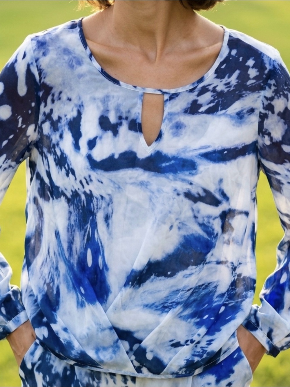 Dkny Navy and White Tie-Dye Keyhole Long Sleeve Top